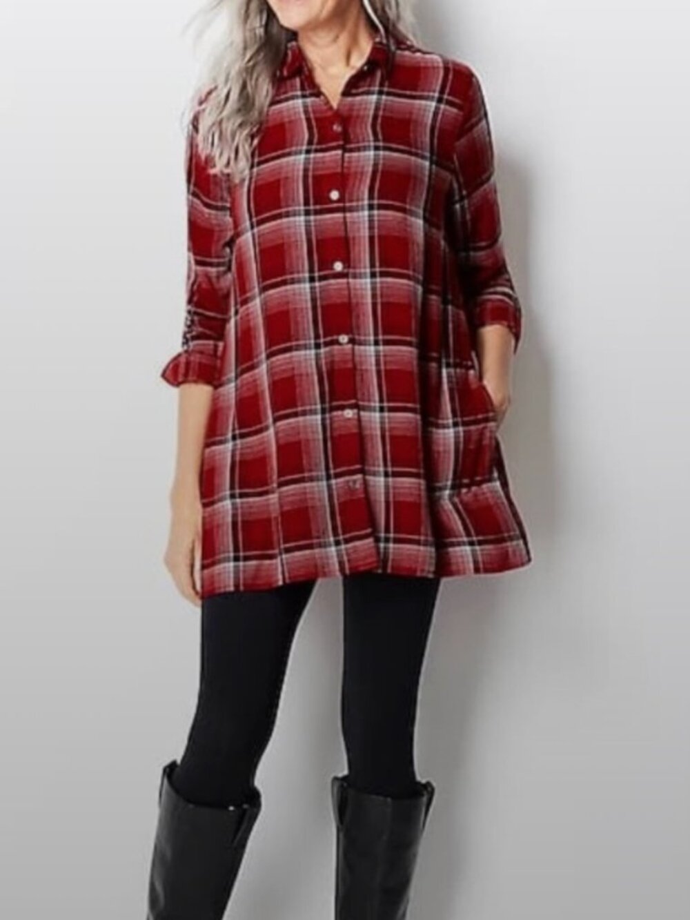 J. JILL Red Plaid Button-Front Oversized Long Sleeve Tunic Shirt size Medium